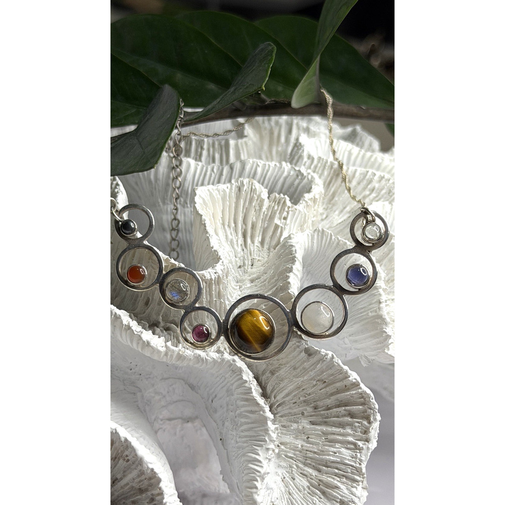 Solar System Gemstones 925 Sterling Silver Tigers Eye Moonstone etc. Necklace
